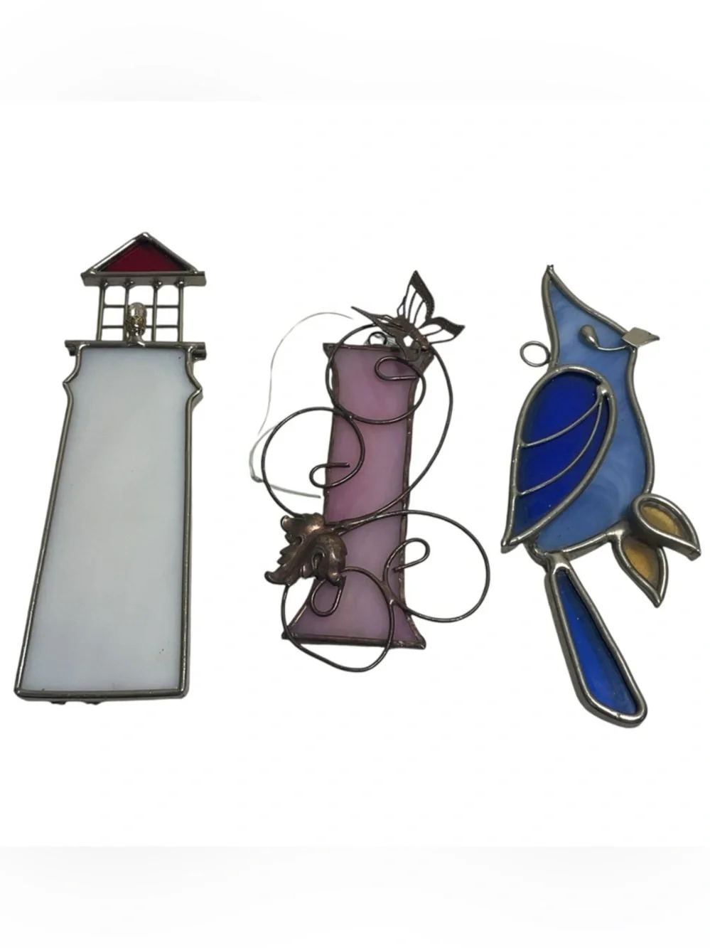 Lot of 3 Handcrafted Stained Glass Suncatchers Lighthouse Butterfly Floral Bird